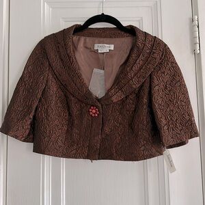 NWT Kay Unger Cropped Brown Black Damask Shrug Jacket - Size 2